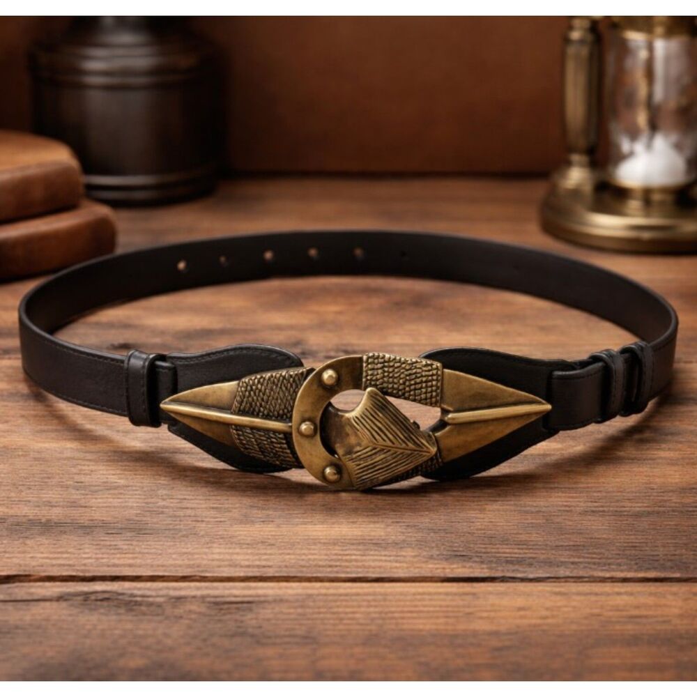 Omega Black Leather Belt Vintage Brass Arrowhead Buckle Spearhead Boho Size 36